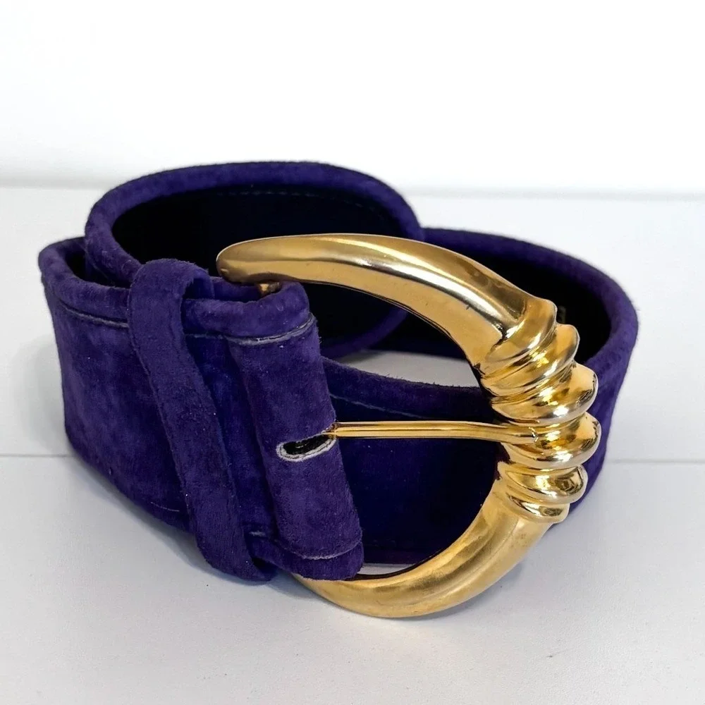 EXPRESS Vintage 80s Suede Belt Small Purple Gold Statement Chunky Wide Leather